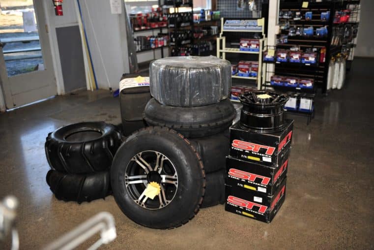 Set of tires at the Oregon Dunes Motorsports service and parts shop